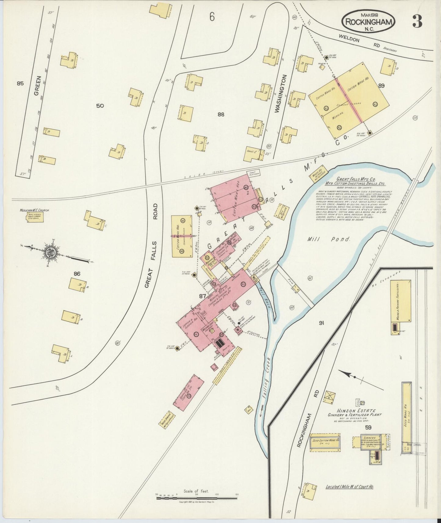 Sanborn Fire Insurance Map from Rockingham, Richmond County, North Carolina (1918), Sheet #0003 - Complete Map Set gallery image, historic Sanborn map, vintage wall art, North Carolina North Carolina