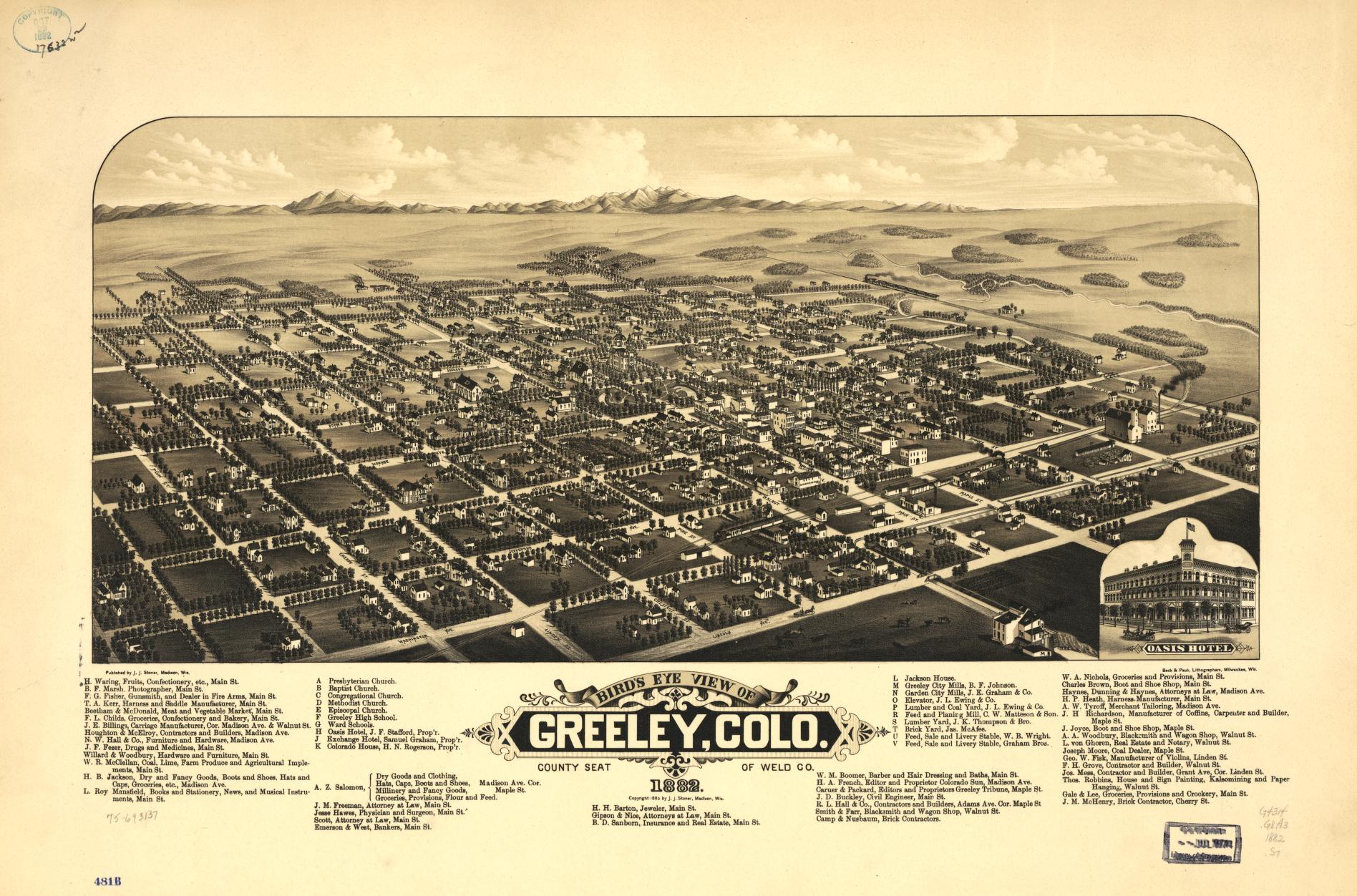 Bird's eye view of Greeley, Colo. county seat of Weld Co. 1882. (1882) – Historic Bird’s-Eye View Panorama Print