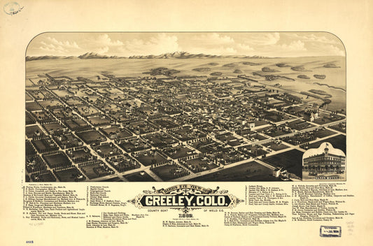 Bird's eye view of Greeley, Colo. county seat of Weld Co. 1882. (1882) – Historic Bird’s-Eye View Panorama Print