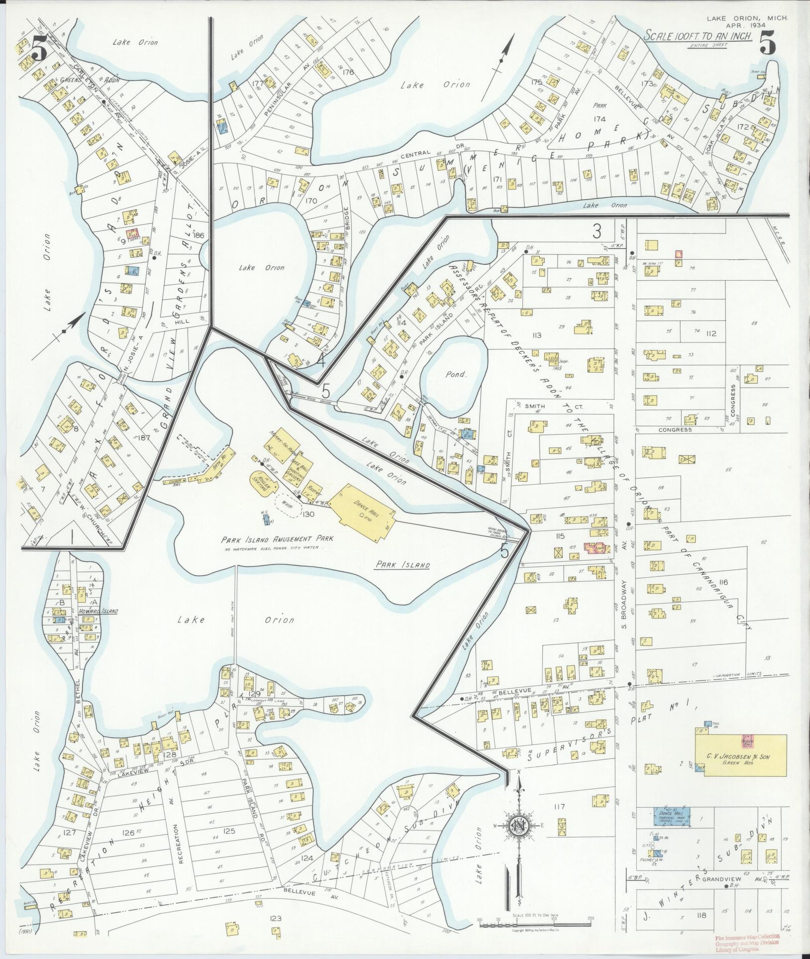 Sanborn Fire Insurance Map from Lake Orion, Oakland County, Michigan (1934), Sheet #0005 - Complete Map Set gallery image, historic Sanborn map, vintage wall art, Michigan Michigan