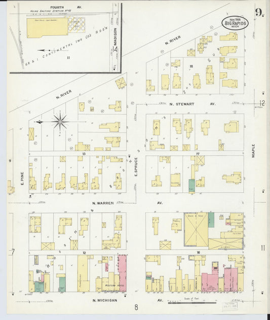 Sanborn Fire Insurance Map from Big Rapids, Mecosta County, Michigan (1908), Sheet #0009 - Historic Sanborn Fire Insurance Map Print, vintage old map wall art, antique decor, genealogy gift, Michigan Michigan map
