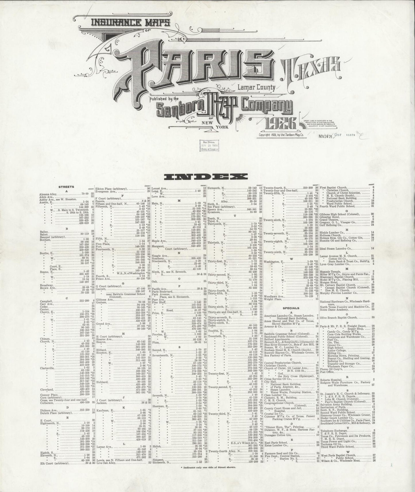 Sanborn Fire Insurance Map from Paris, Lamar County, Texas (1926), Sheet #0001 - Historic Sanborn Fire Insurance Map Print, vintage old map wall art, antique decor, genealogy gift, Texas Texas map