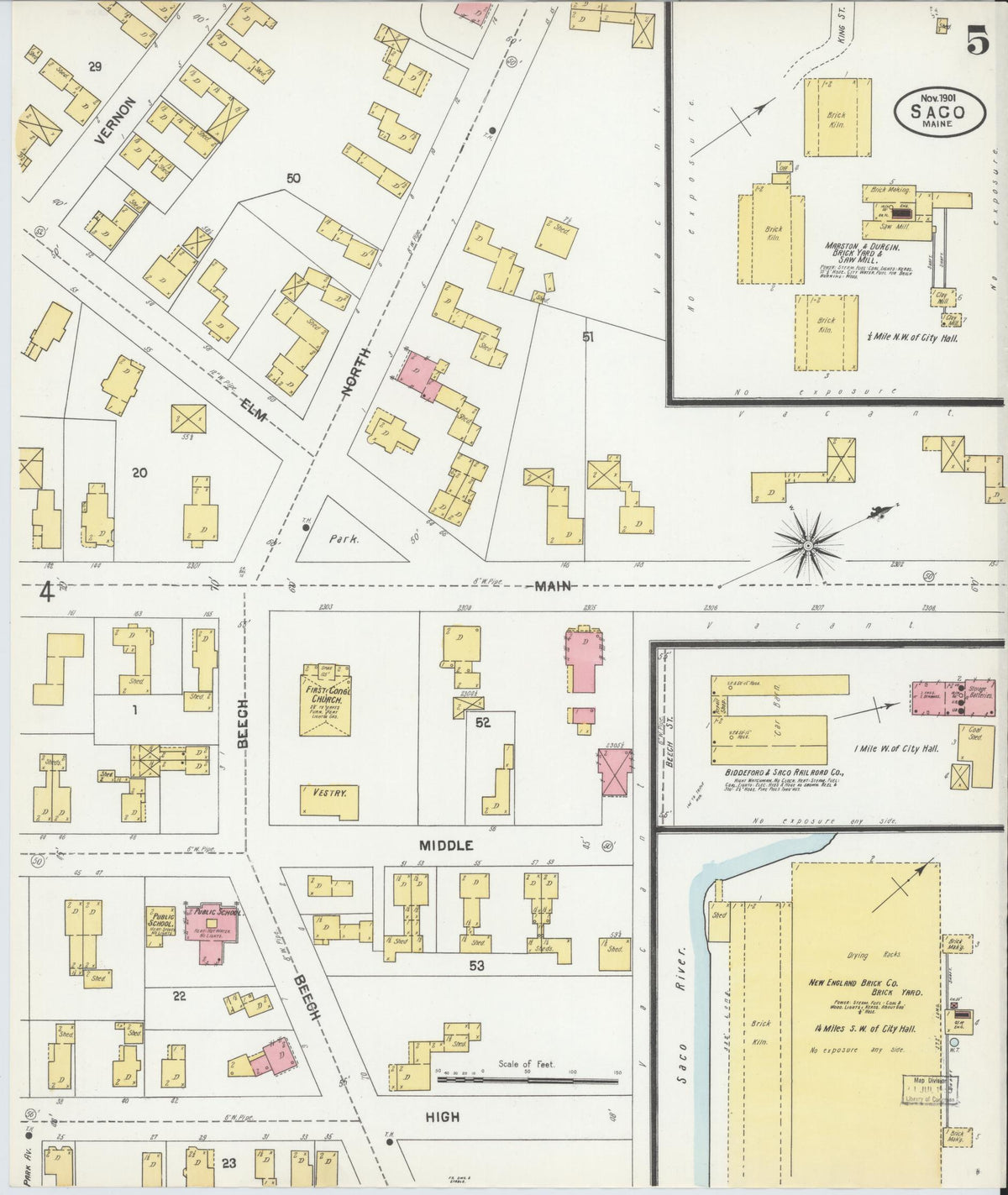 Sanborn Fire Insurance Map from Saco, York County, Maine (1901), Sheet #0005 - Complete Map Set gallery image, historic Sanborn map, vintage wall art, Maine Maine
