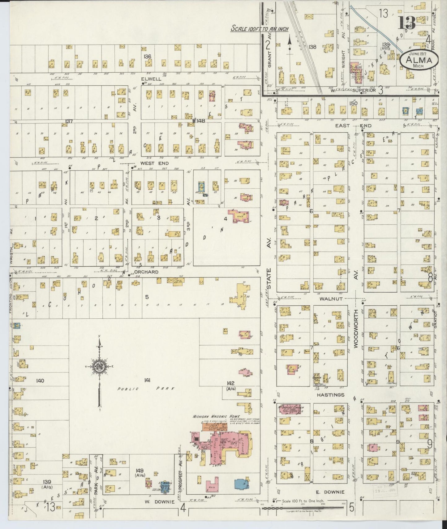 Sanborn Fire Insurance Map from Alma, Gratiot County, Michigan (1917), Sheet #0013 - Historic Sanborn Fire Insurance Map Print, vintage old map wall art, antique decor, genealogy gift, Michigan Michigan map