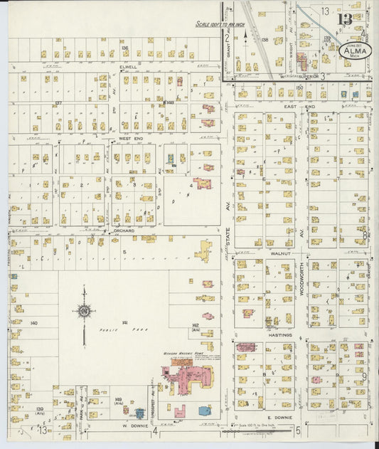 Sanborn Fire Insurance Map from Alma, Gratiot County, Michigan (1917), Sheet #0013 - Historic Sanborn Fire Insurance Map Print, vintage old map wall art, antique decor, genealogy gift, Michigan Michigan map