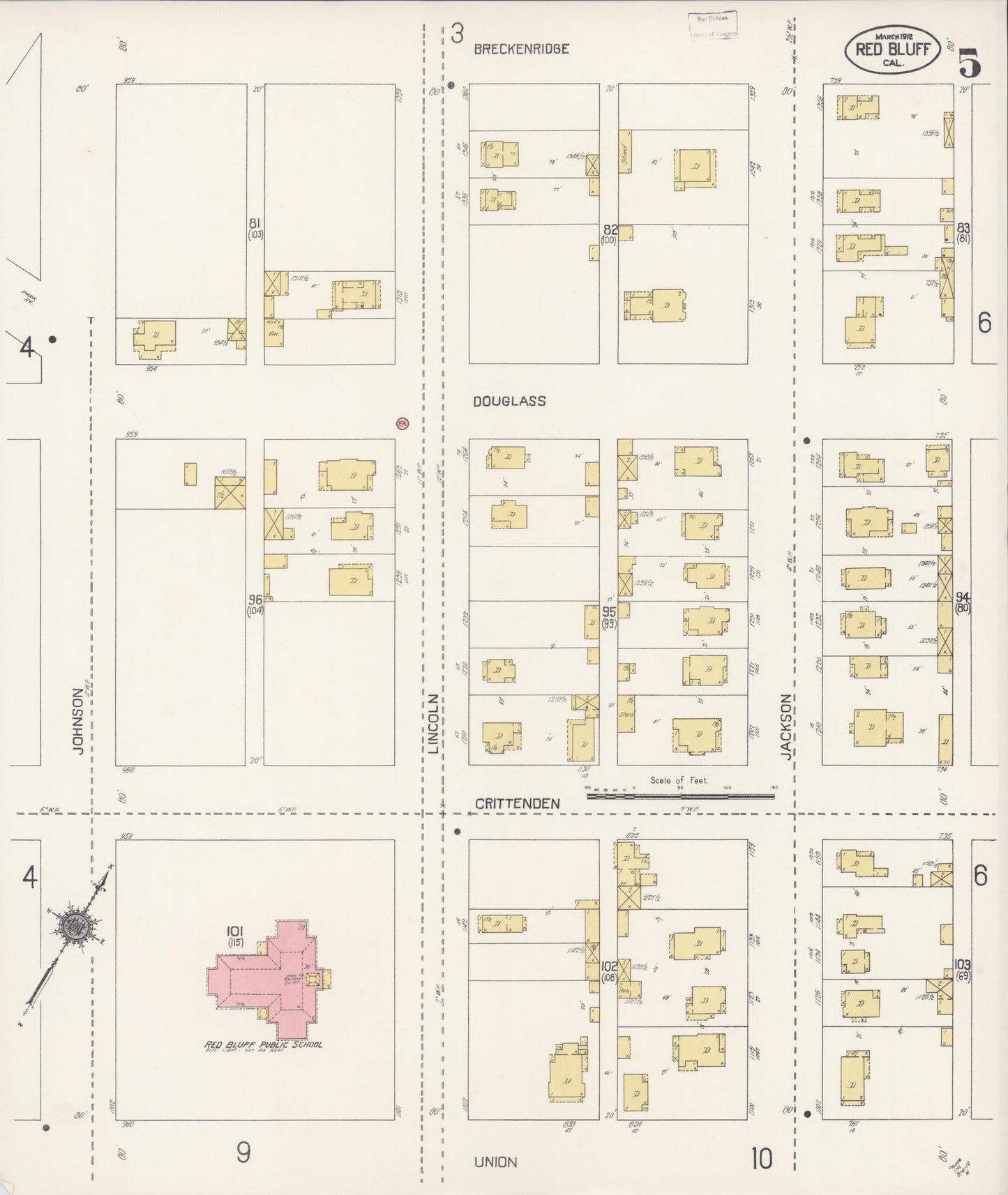 Sanborn Fire Insurance Map from Red Bluff, Tehama County, California (1912), Sheet #0005 - Complete Map Set gallery image, historic Sanborn map, vintage wall art, California California
