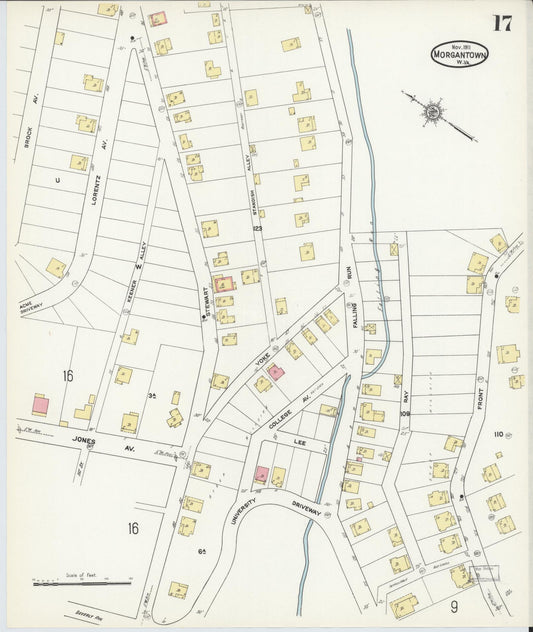 Sanborn Fire Insurance Map from Morgantown, Monongalia County, West Virginia (1911), Sheet #0017 - Historic Sanborn Fire Insurance Map Print, vintage old map wall art, antique decor, genealogy gift, West Virginia West Virginia map