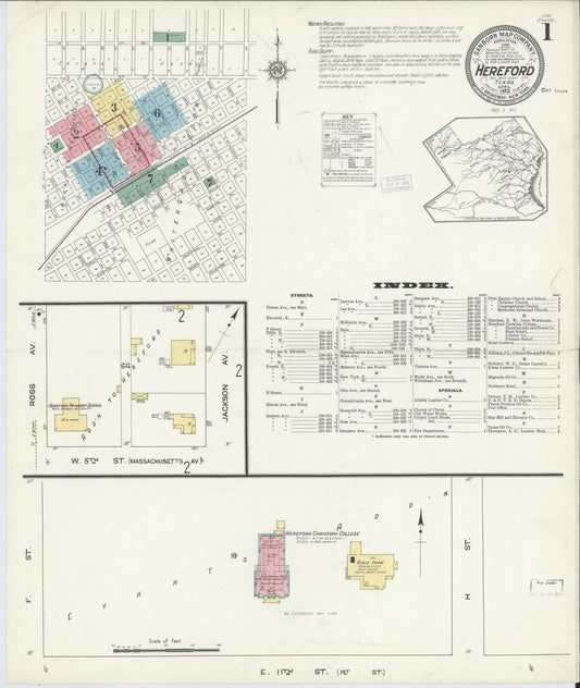 Sanborn Fire Insurance Map from Hereford, Deaf Smith County, Texas (1913), Sheet #0001 - Historic Sanborn Fire Insurance Map Print, vintage old map wall art, antique decor, genealogy gift, Texas Texas map
