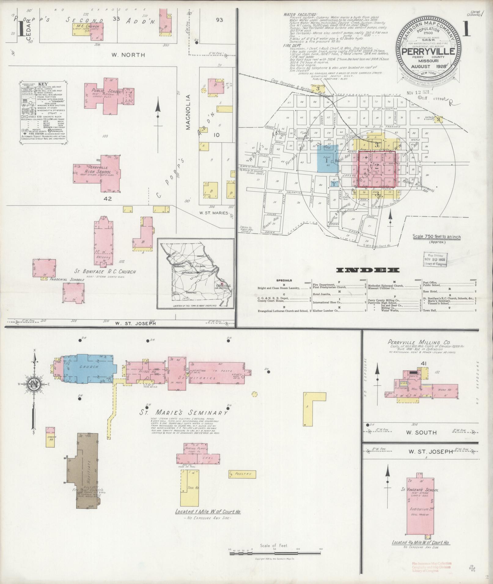 Sanborn Fire Insurance Map from Perryville, Perry County, Missouri (1928), Sheet #0001 - Complete Map Set gallery image, historic Sanborn map, vintage wall art, Missouri Missouri