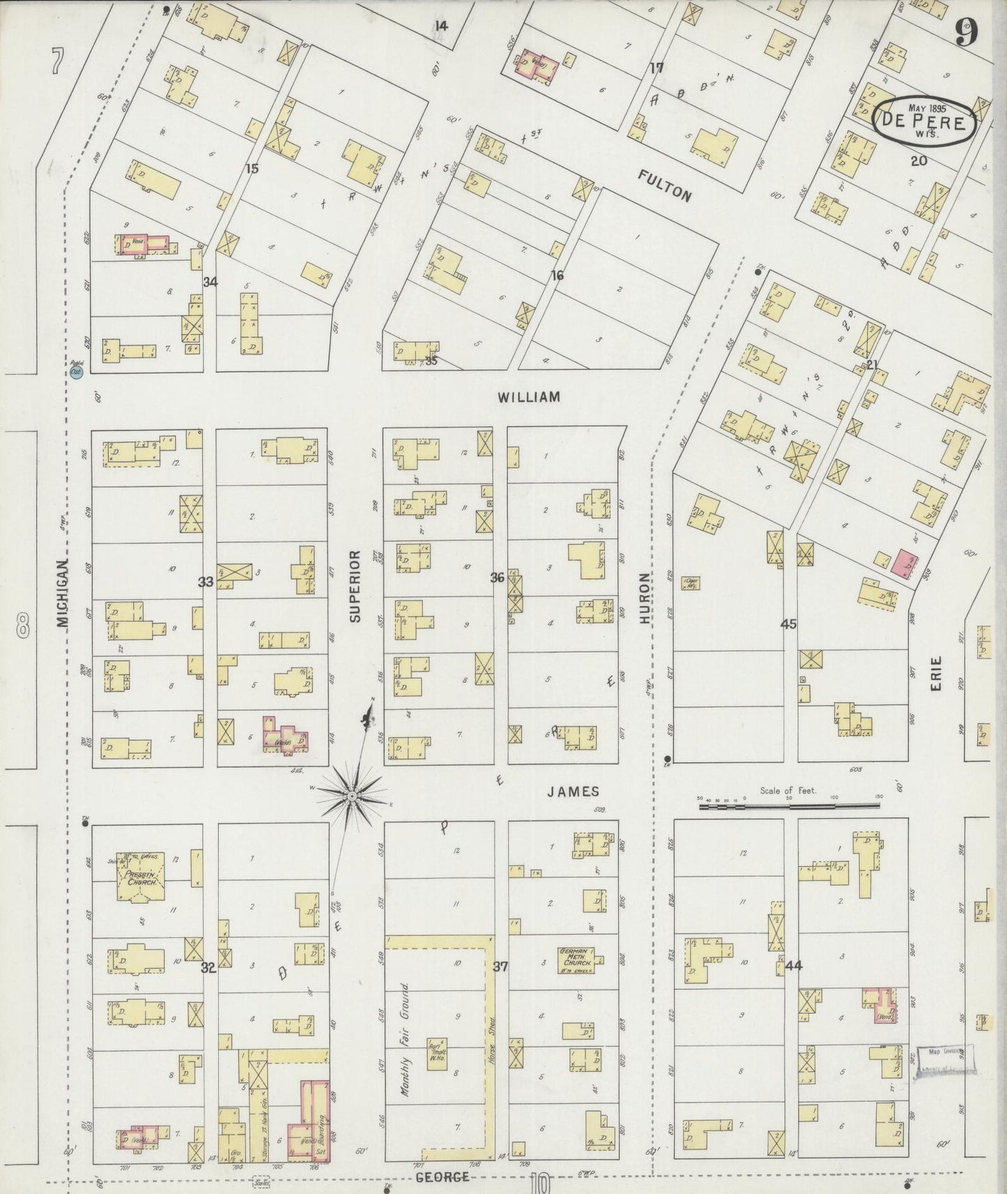 Sanborn Fire Insurance Map from De Pere, Brown County, Wisconsin (1895), Sheet #0009 - Historic Sanborn Fire Insurance Map Print, vintage old map wall art, antique decor, genealogy gift, Wisconsin Wisconsin map