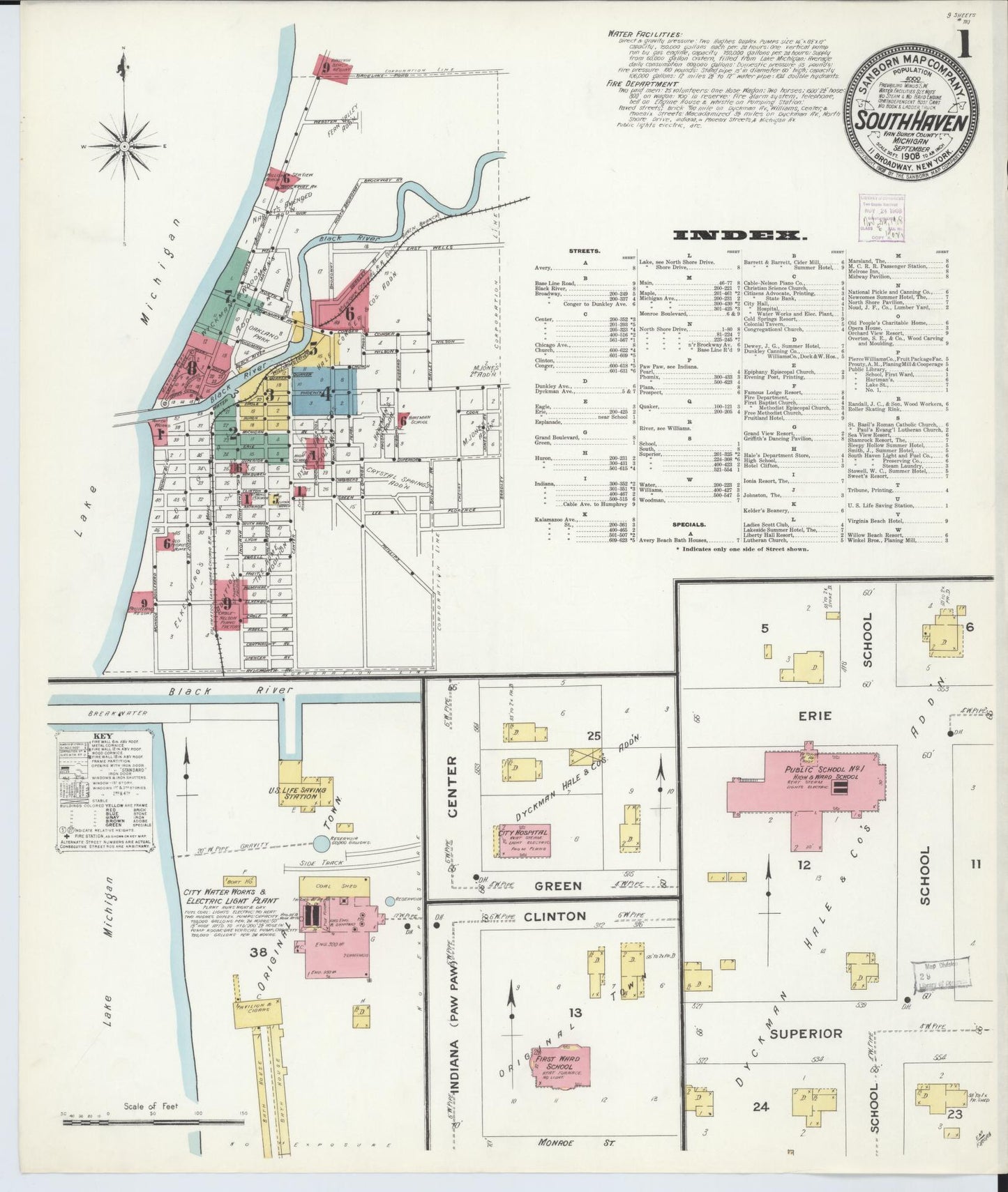 Sanborn Fire Insurance Map from South Haven, Van Buren County, Michigan (1908), Sheet #0001 - Historic Sanborn Fire Insurance Map Print, vintage old map wall art, antique decor, genealogy gift, Michigan Michigan map