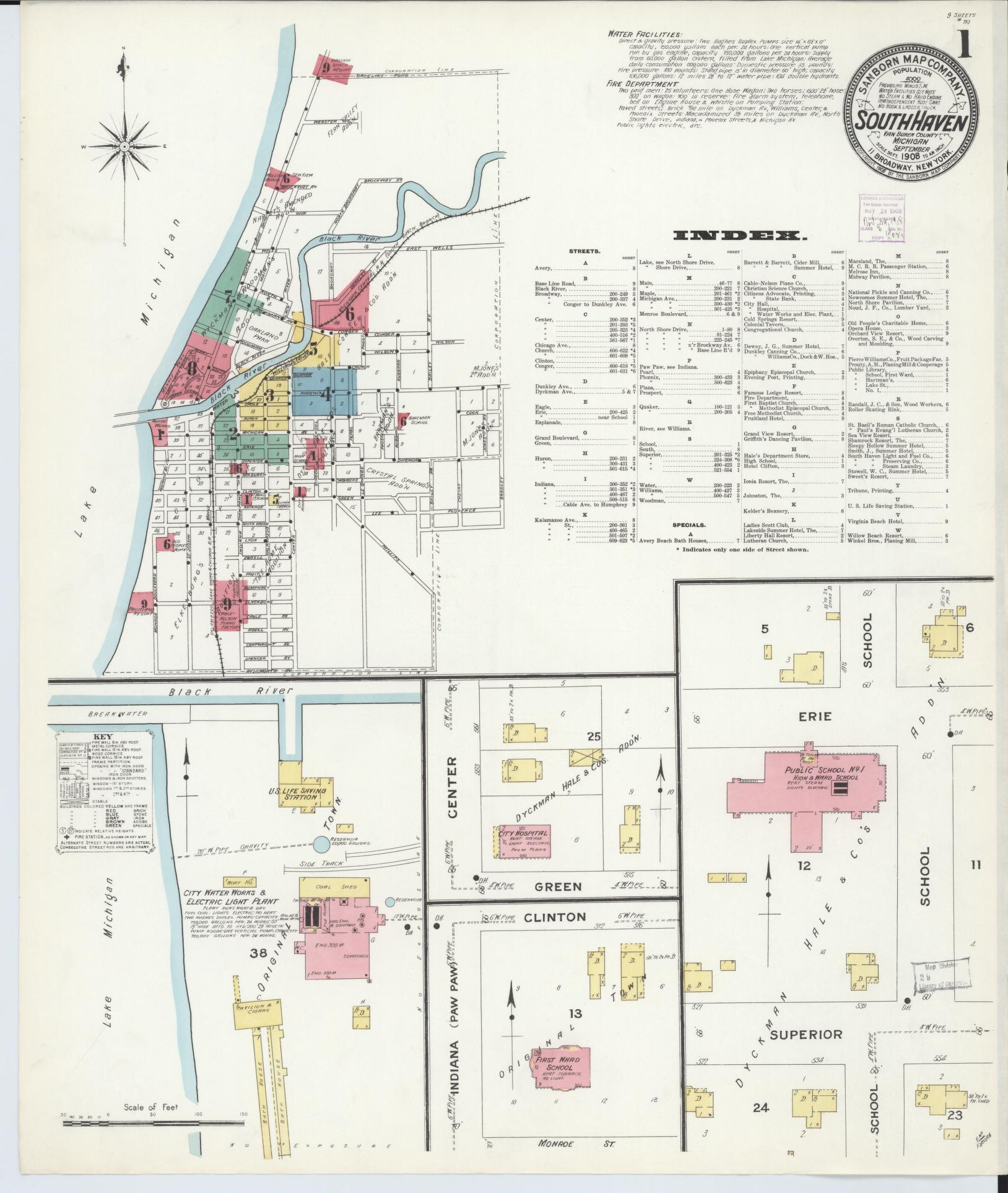 Sanborn Fire Insurance Map from South Haven, Van Buren County, Michigan (1908), Sheet #0001 - Historic Sanborn Fire Insurance Map Print, vintage old map wall art, antique decor, genealogy gift, Michigan Michigan map