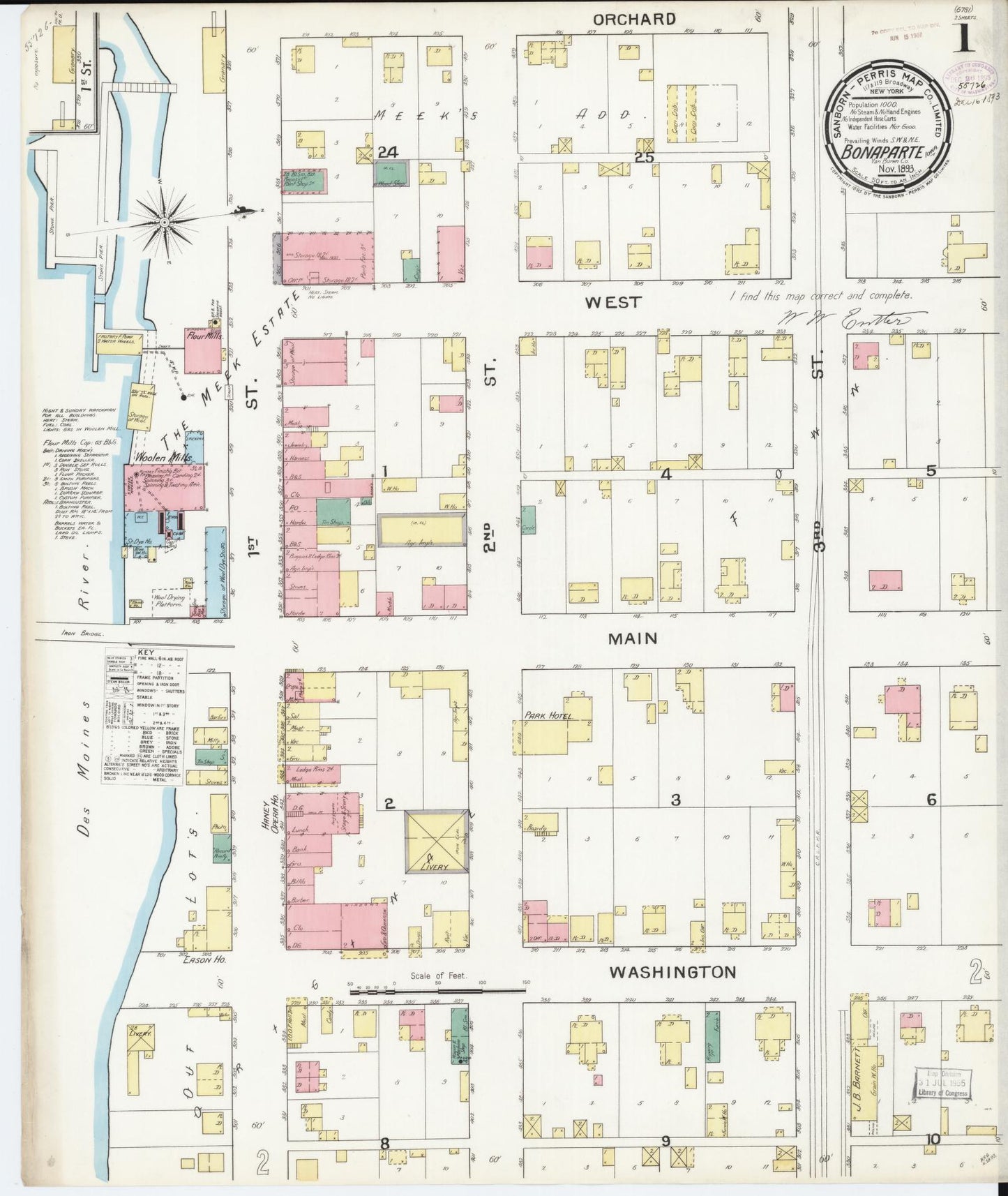 Sanborn Fire Insurance Map from Bonaparte, Van Buren County, Iowa (1893), Sheet #0001 - Historic Sanborn Fire Insurance Map Print, vintage old map wall art