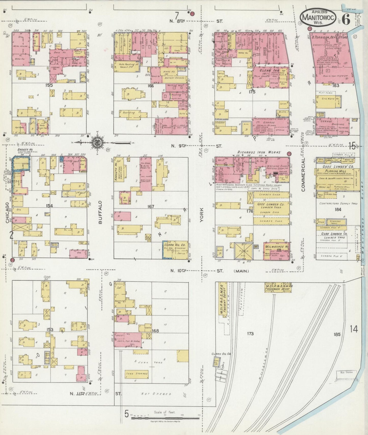 Sanborn Fire Insurance Map from Manitowoc, Manitowoc County, Wisconsin (1919), Sheet #0006 - Complete Map Set gallery image, historic Sanborn map, vintage wall art, Wisconsin Wisconsin