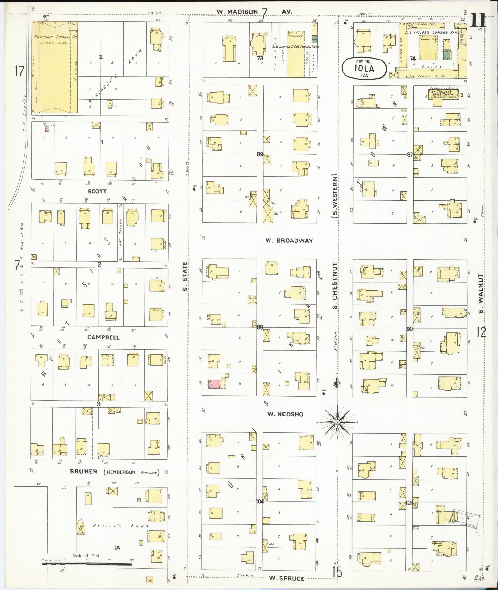 Sanborn Fire Insurance Map from Iola, Allen County, Kansas (1901), Sheet #0011 - Complete Map Set gallery image, historic Sanborn map, vintage wall art, Kansas Kansas