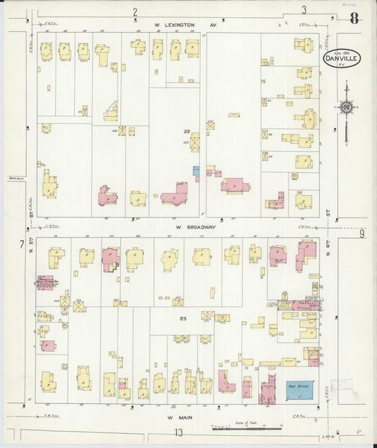 Sanborn Fire Insurance Map from Danville, Boyle County, Kentucky (1914), Sheet #0008 - Historic Sanborn Fire Insurance Map Print, vintage old map wall art, antique decor, genealogy gift, Kentucky Kentucky map