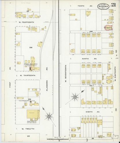 Sanborn Fire Insurance Map from Bessemer, Jefferson County, Alabama (1908), Sheet #0021 - Complete Map Set gallery image, historic Sanborn map, vintage wall art, Alabama Alabama