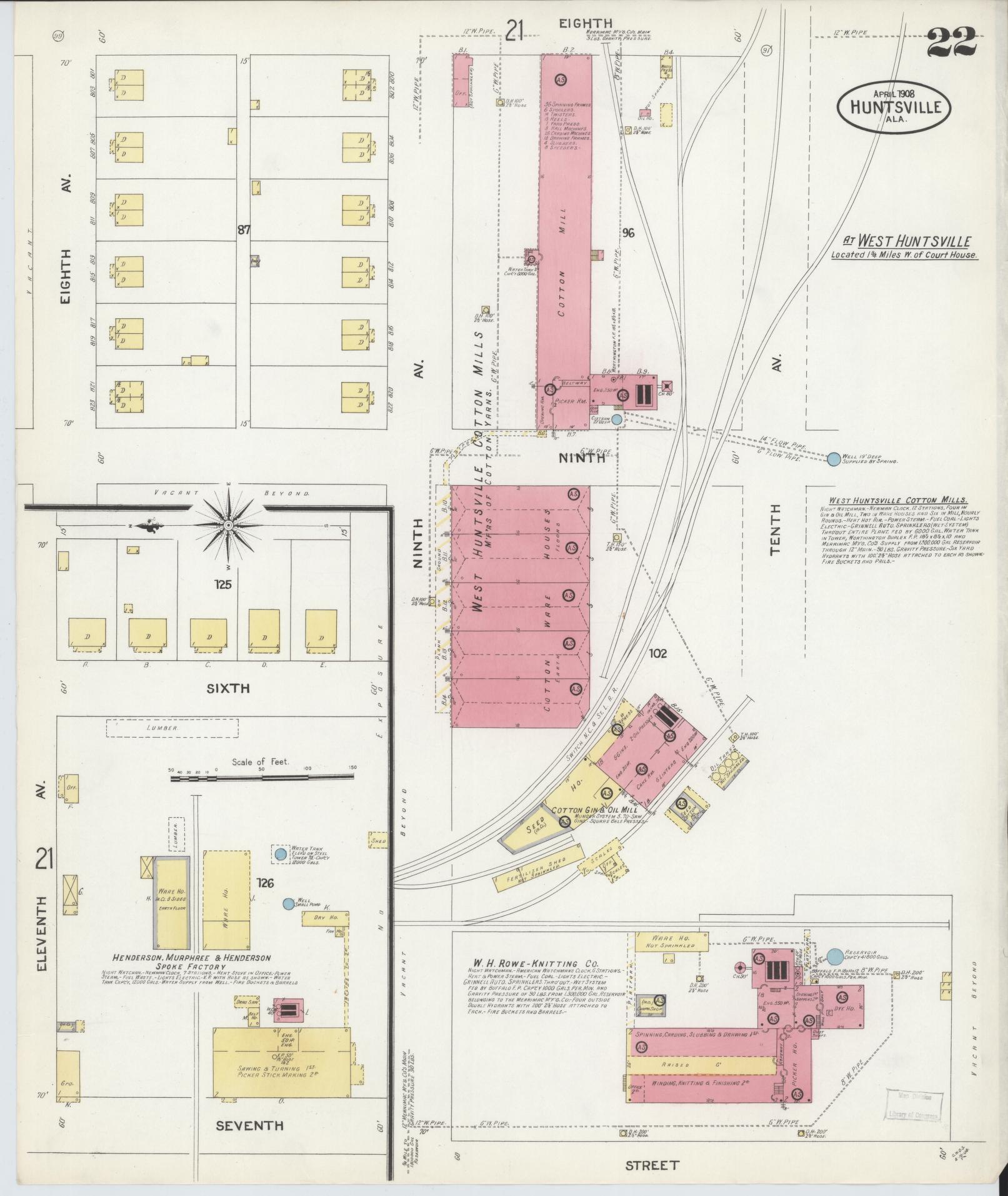 Sanborn Fire Insurance Map from Huntsville, Madison County, Alabama (1908), Sheet #0022 - Complete Map Set gallery image, historic Sanborn map, vintage wall art, Alabama Alabama