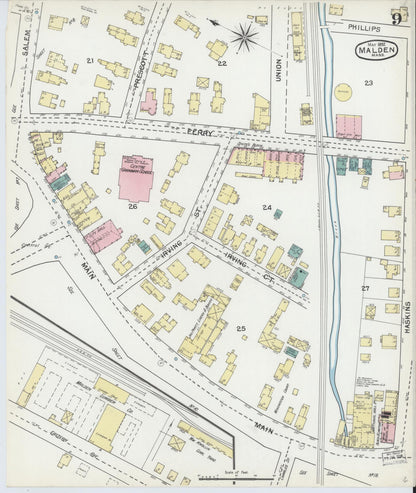 Sanborn Fire Insurance Map from Malden, Middlesex County, Massachusetts (1892), Sheet #0009 - Historic Sanborn Fire Insurance Map Print, vintage old map wall art, antique decor, genealogy gift, Massachusetts Massachusetts map