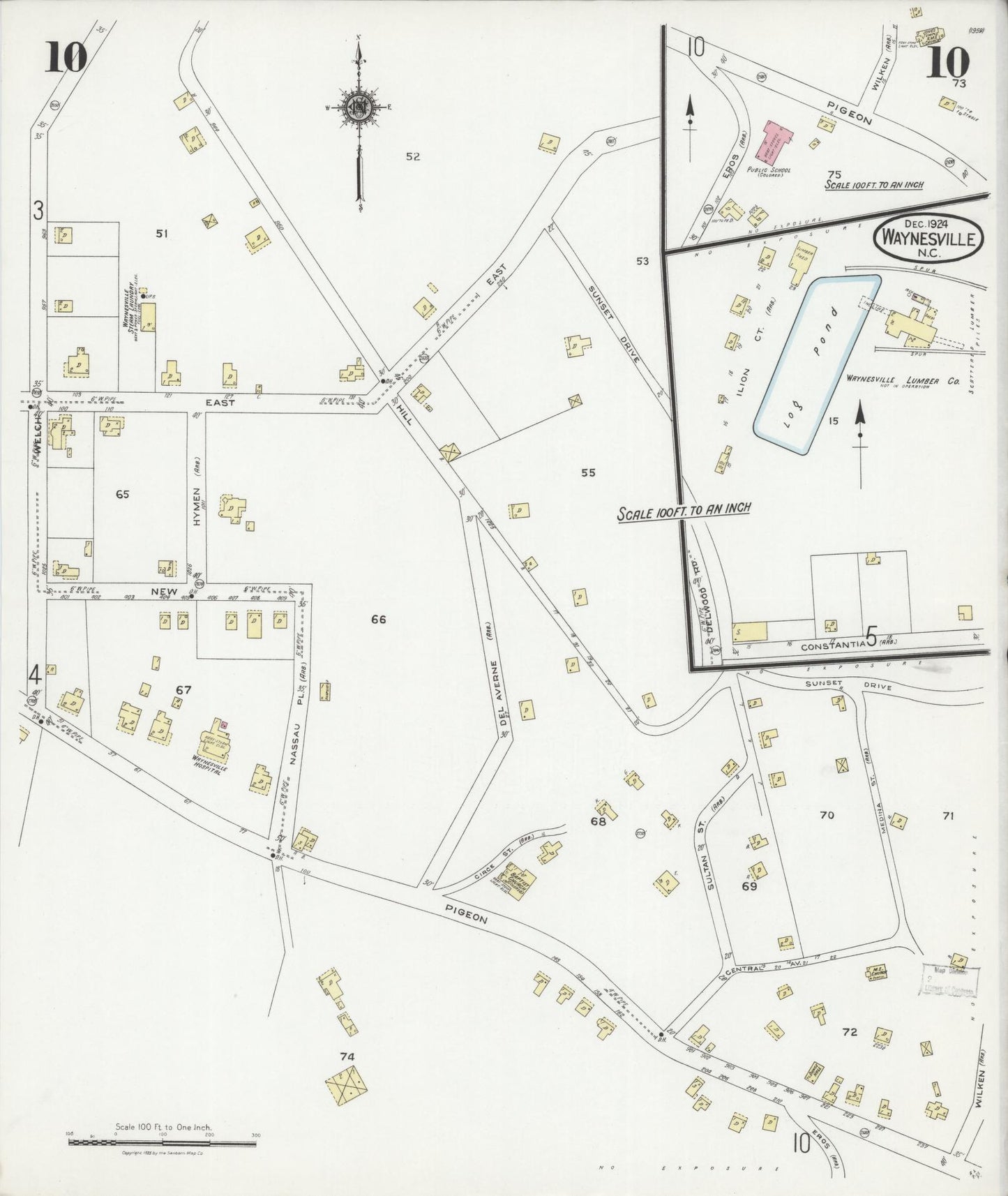 Sanborn Fire Insurance Map from Waynesville, Haywood County, North Carolina (1924), Sheet #0010 - Historic Sanborn Fire Insurance Map Print, vintage old map wall art, antique decor, genealogy gift, North Carolina North Carolina map
