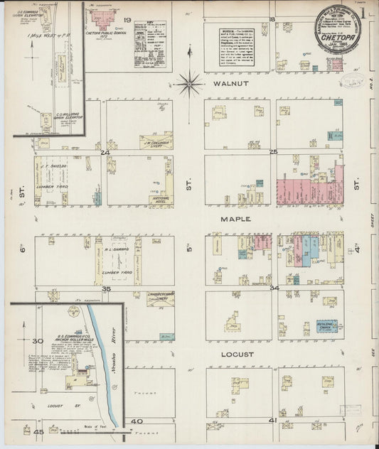 Sanborn Fire Insurance Map from Chetopa, Labette County, Kansas (1885), Sheet #0001 - Complete Map Set gallery image, historic Sanborn map, vintage wall art, Kansas Kansas