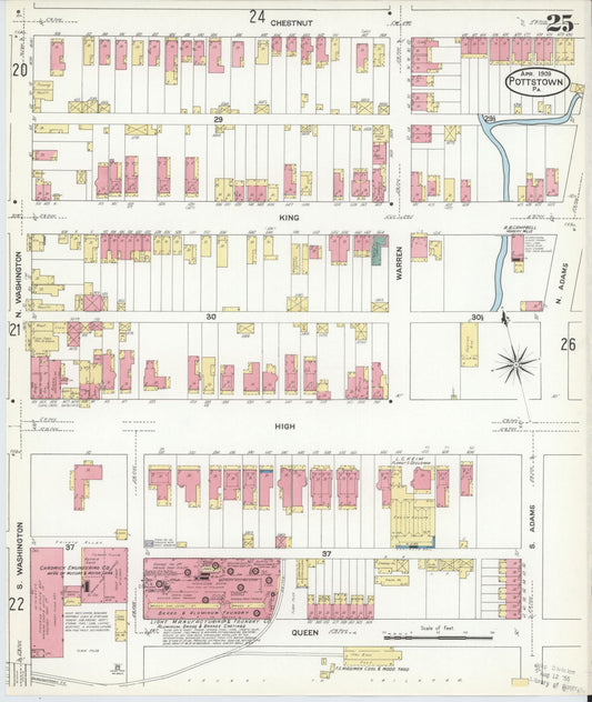 Sanborn Fire Insurance Map from Pottstown, Montgomery County, Pennsylvania (1909), Sheet #0025 - Historic Sanborn Fire Insurance Map Print, vintage old map wall art, antique decor, genealogy gift, Pennsylvania Pennsylvania map