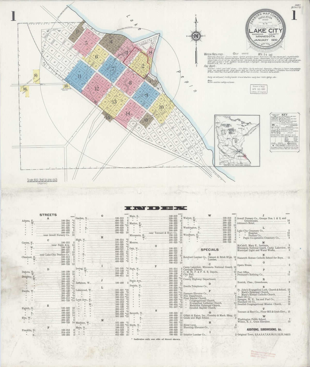Sanborn Fire Insurance Map from Lake City, Wabasha County, Minnesota (1930), Sheet #0001 - Historic Sanborn Fire Insurance Map Print, vintage old map wall art, antique decor, genealogy gift, Minnesota Minnesota map