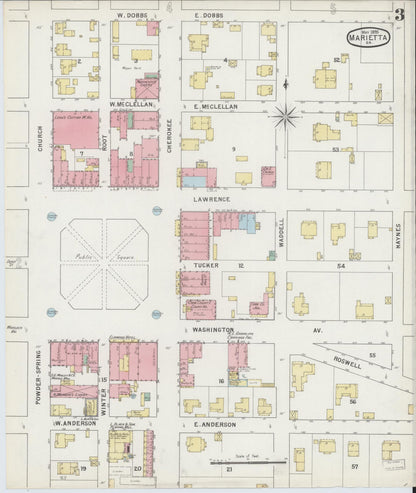 Sanborn Fire Insurance Map from Marietta, Cobb County, Georgia (1895), Sheet #0003 - Complete Map Set gallery image, historic Sanborn map, vintage wall art, Georgia Georgia