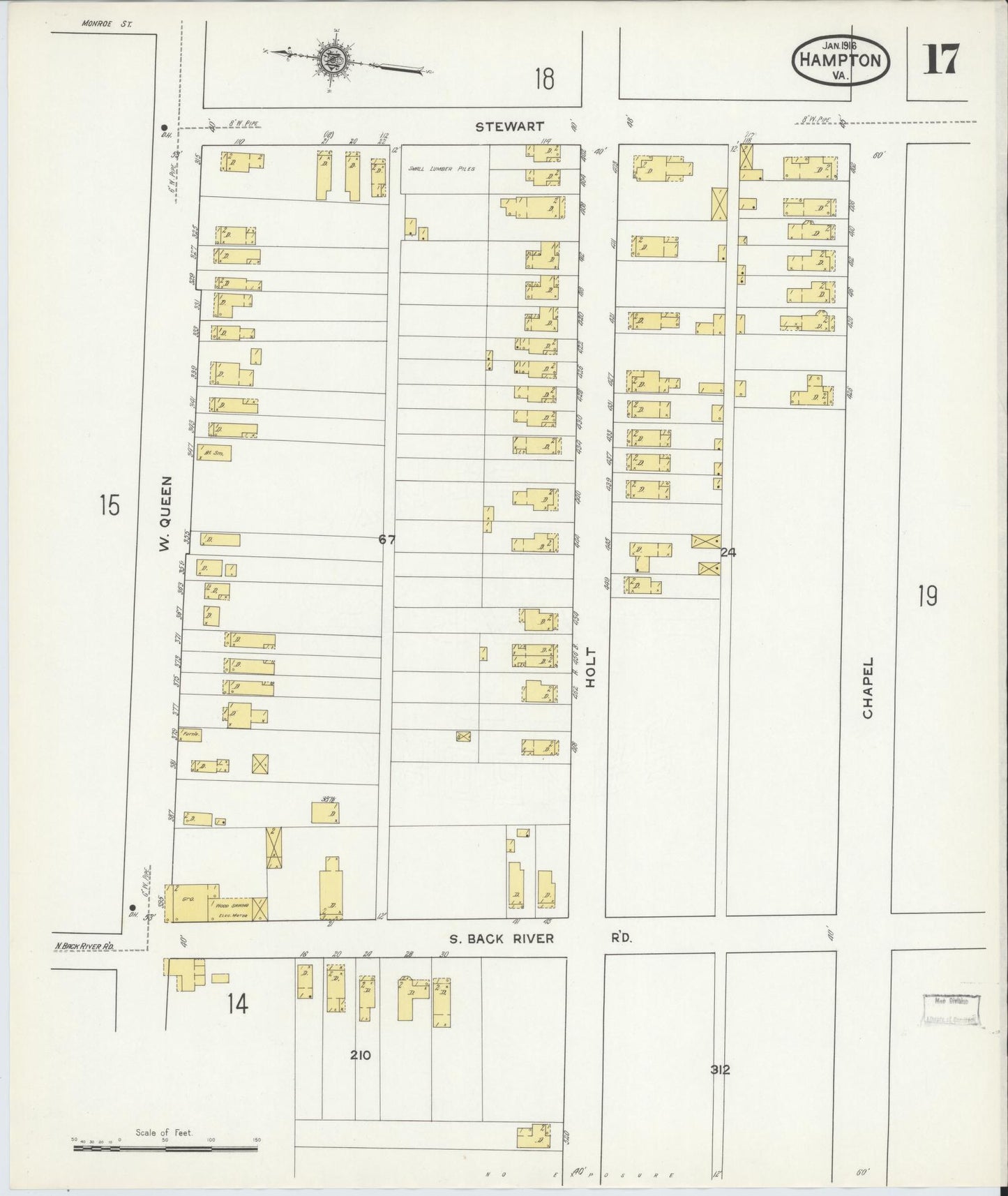 Sanborn Fire Insurance Map from Hampton, Independent Cities, Virginia (1916), Sheet #0017 - Complete Map Set gallery image, historic Sanborn map, vintage wall art, Virginia Virginia