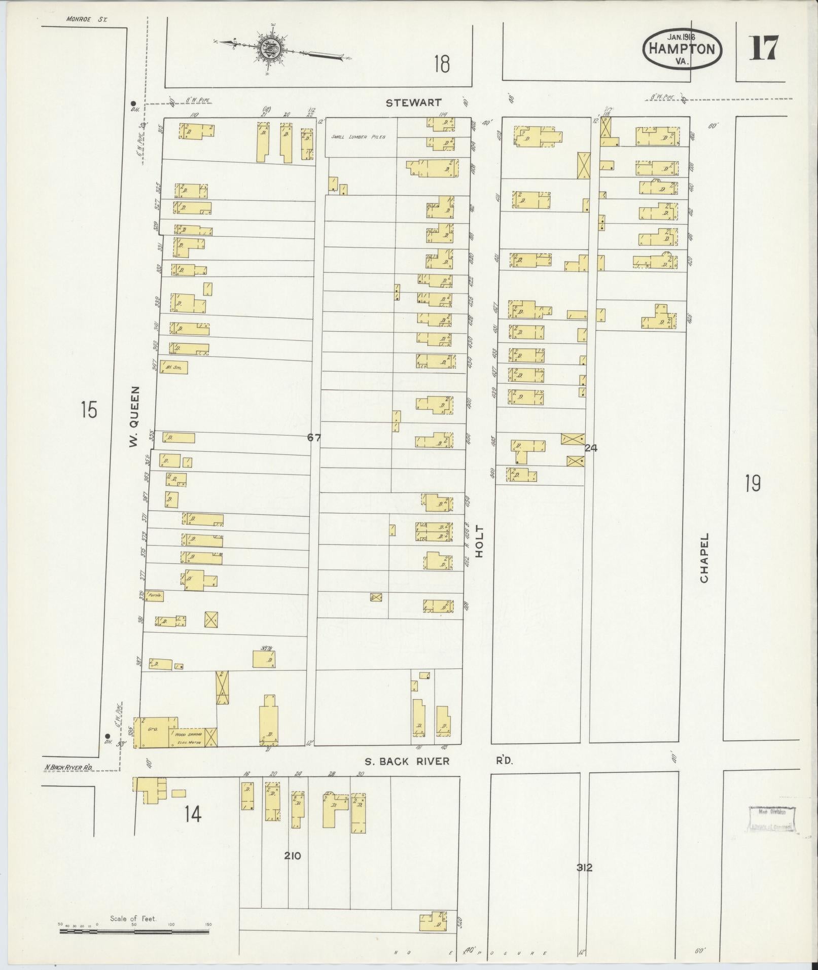 Sanborn Fire Insurance Map from Hampton, Independent Cities, Virginia (1916), Sheet #0017 - Complete Map Set gallery image, historic Sanborn map, vintage wall art, Virginia Virginia