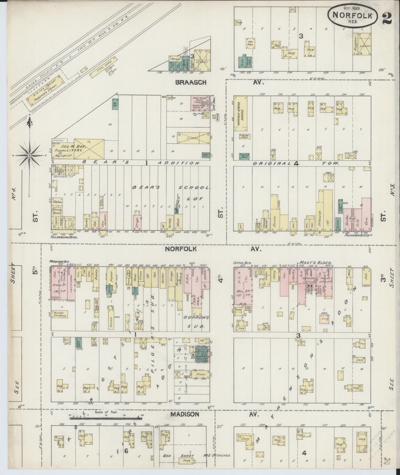 Sanborn Fire Insurance Map from Norfolk, Madison County, Nebraska (1889), Sheet #0002 - Historic Sanborn Fire Insurance Map Print, vintage old map wall art, antique decor, genealogy gift, Nebraska Nebraska map