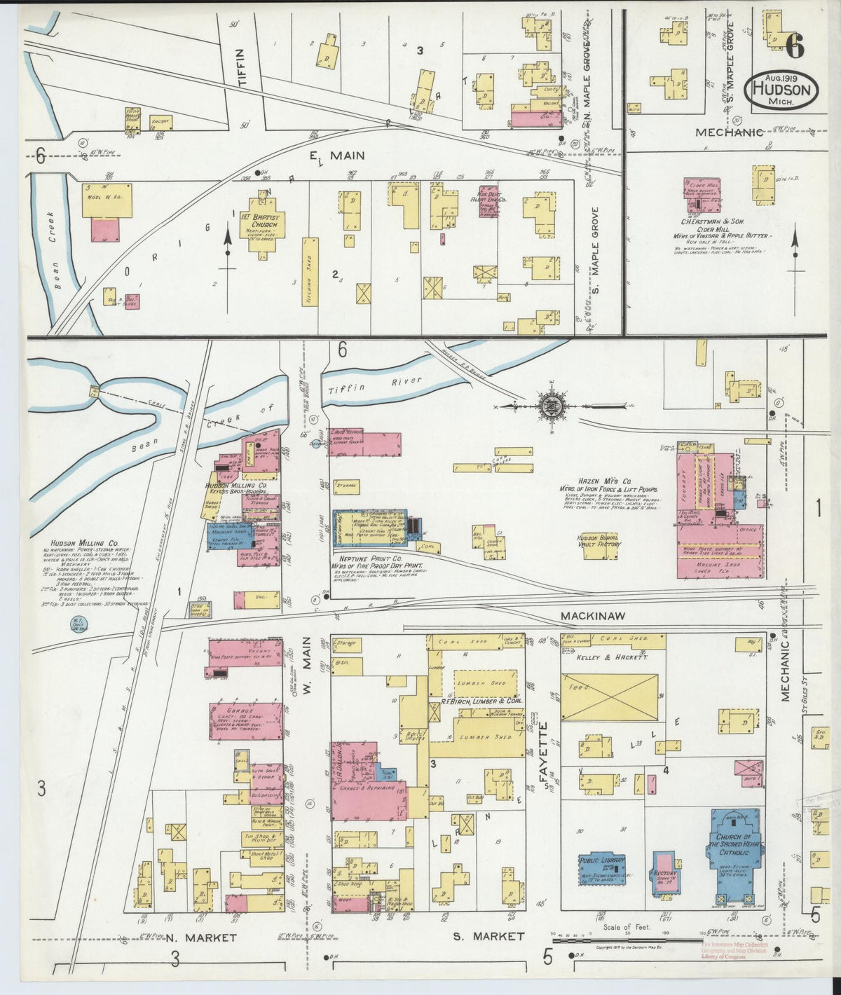 Sanborn Fire Insurance Map from Hudson, Lenawee County, Michigan (1919), Sheet #0006 - Historic Sanborn Fire Insurance Map Print, vintage old map wall art, antique decor, genealogy gift, Michigan Michigan map