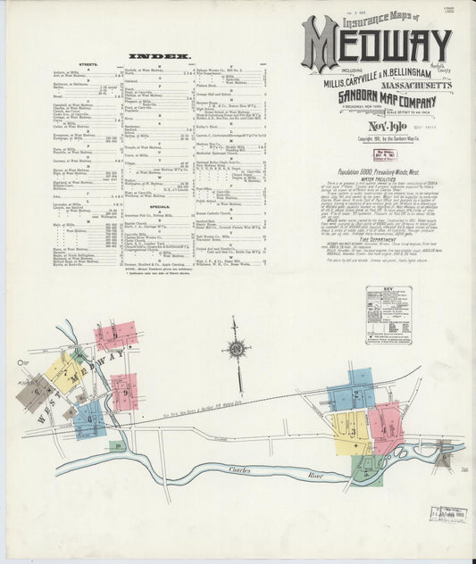 Sanborn Fire Insurance Map from Medway, Norfolk County, Massachusetts (1910), Sheet #0001 - Complete Map Set gallery image, historic Sanborn map, vintage wall art, Massachusetts Massachusetts