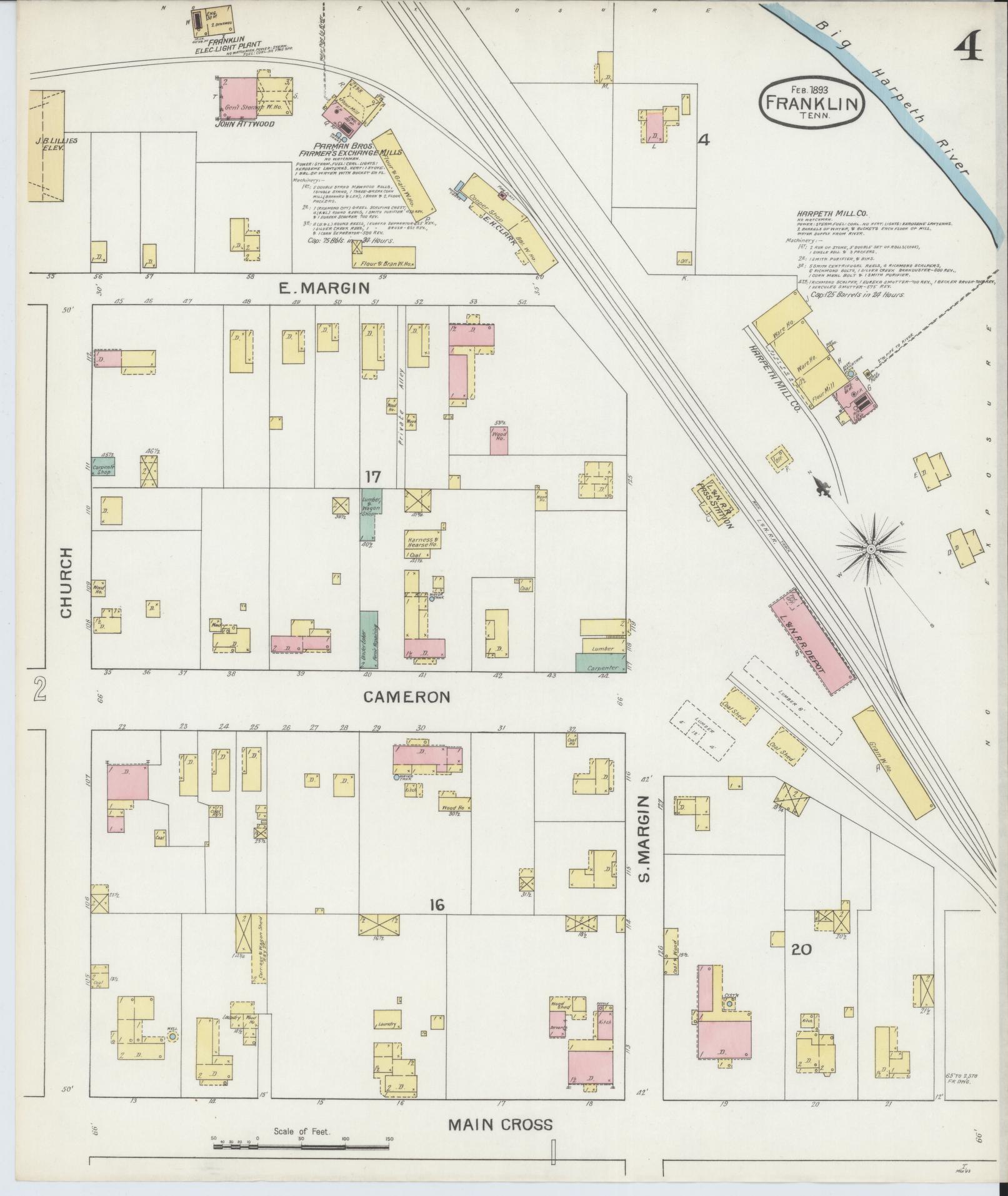 Sanborn Fire Insurance Map from Franklin, Williamson County, Tennessee (1893), Sheet #0004 - Complete Map Set gallery image, historic Sanborn map, vintage wall art, Tennessee Tennessee