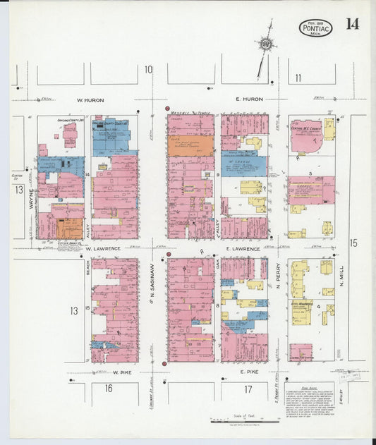 Sanborn Fire Insurance Map from Pontiac, Oakland County, Michigan (1919), Sheet #0014 - Historic Sanborn Fire Insurance Map Print, vintage old map wall art, antique decor, genealogy gift, Michigan Michigan map