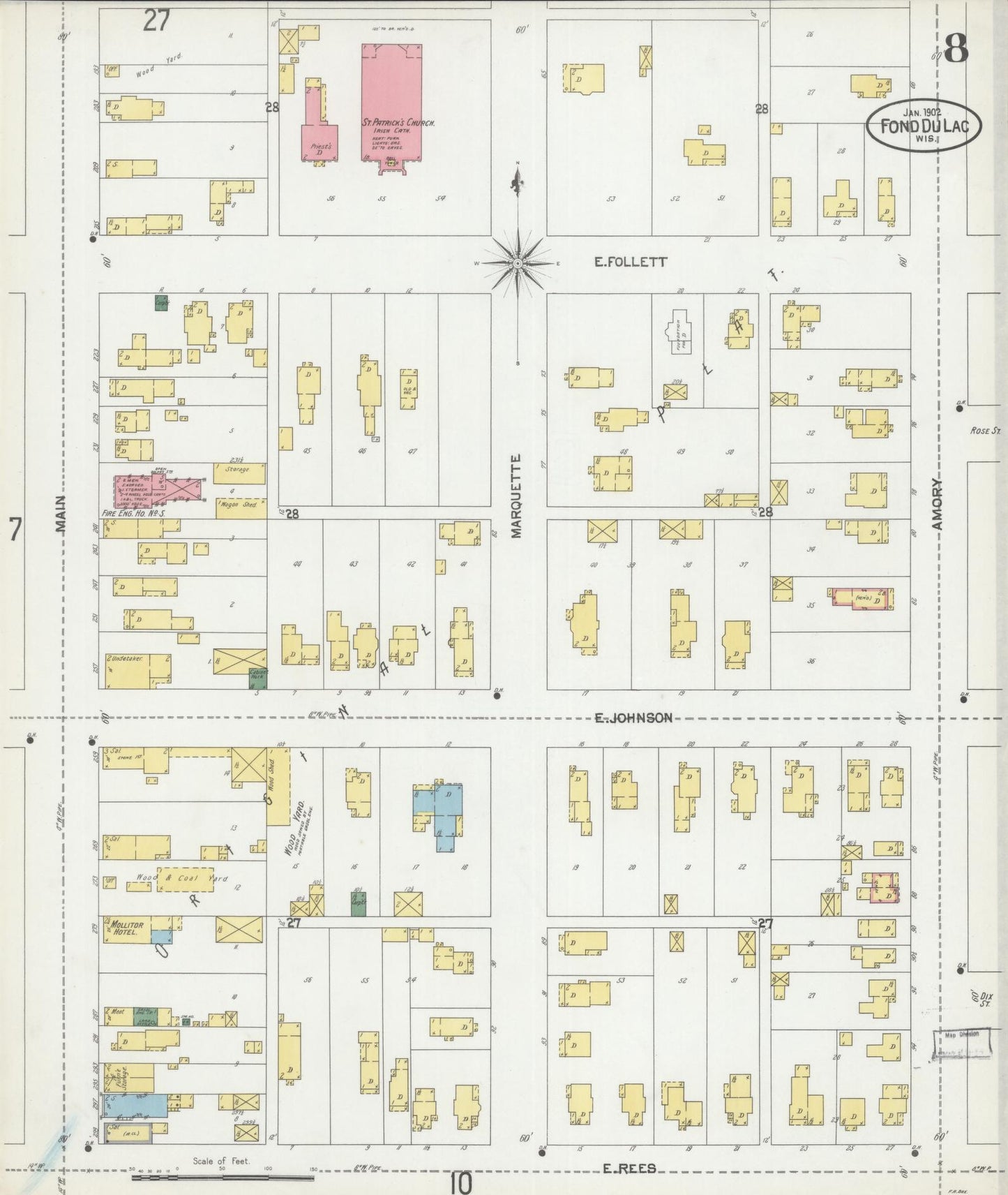 Sanborn Fire Insurance Map from Fond du Lac, Fond du Lac County, Wisconsin (1902), Sheet #0008 - Historic Sanborn Fire Insurance Map Print, vintage old map wall art, antique decor, genealogy gift, Wisconsin Wisconsin map