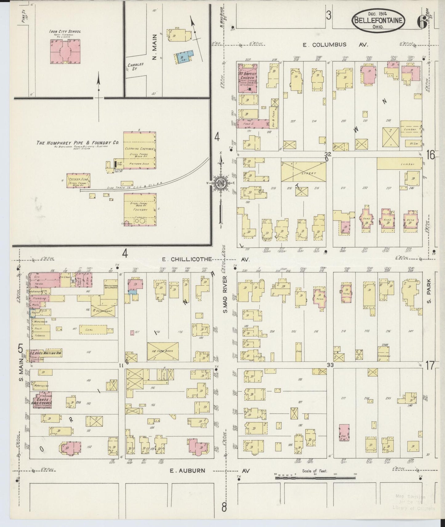 Sanborn Fire Insurance Map from Bellefontaine, Logan County, Ohio (1914), Sheet #0006 - Historic Sanborn Fire Insurance Map Print, vintage old map wall art, antique decor, genealogy gift, Ohio Ohio map