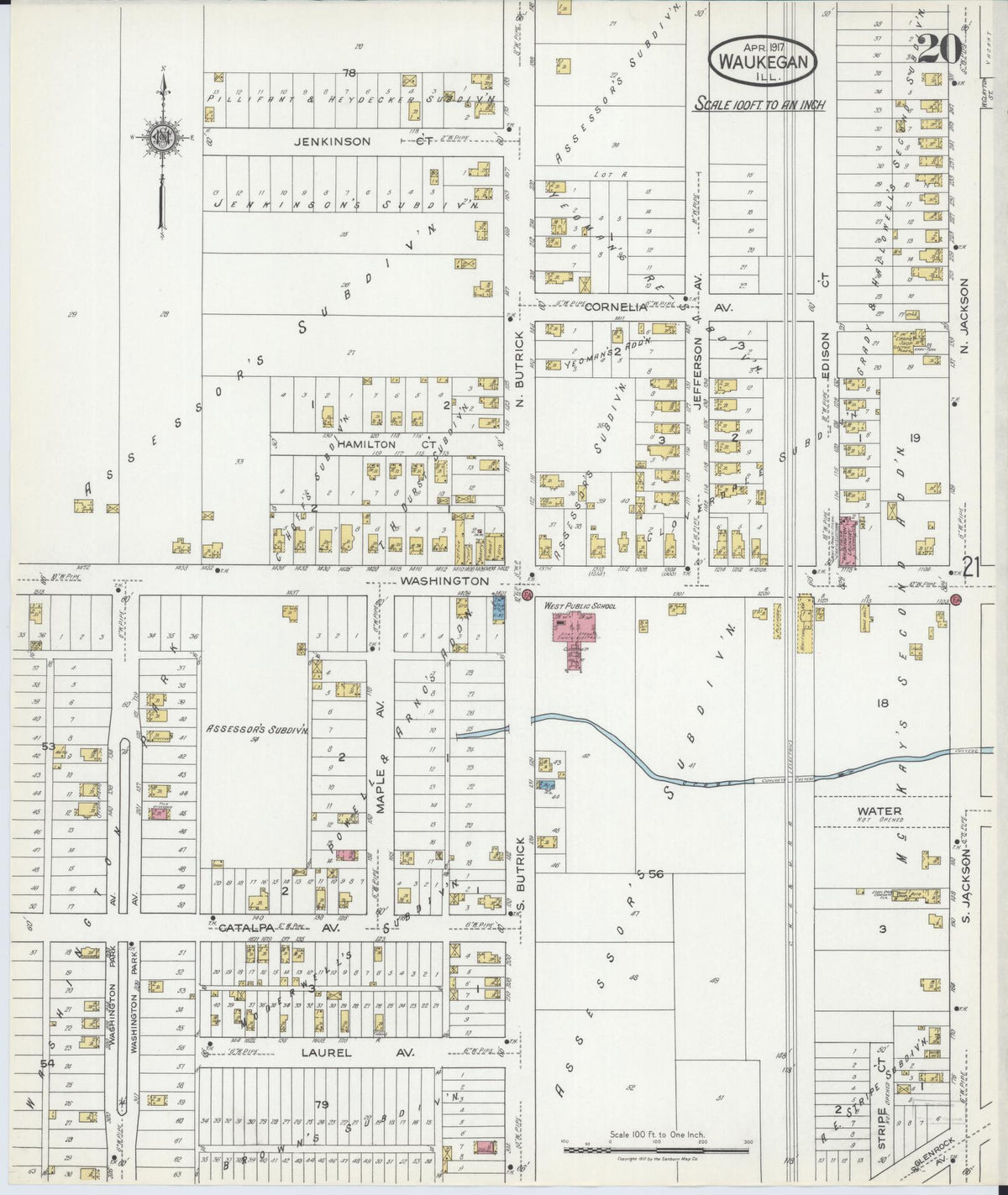 Sanborn Fire Insurance Map from Waukegan, Lake County, Illinois (1917), Sheet #0020 - Complete Map Set gallery image, historic Sanborn map, vintage wall art, Illinois Illinois