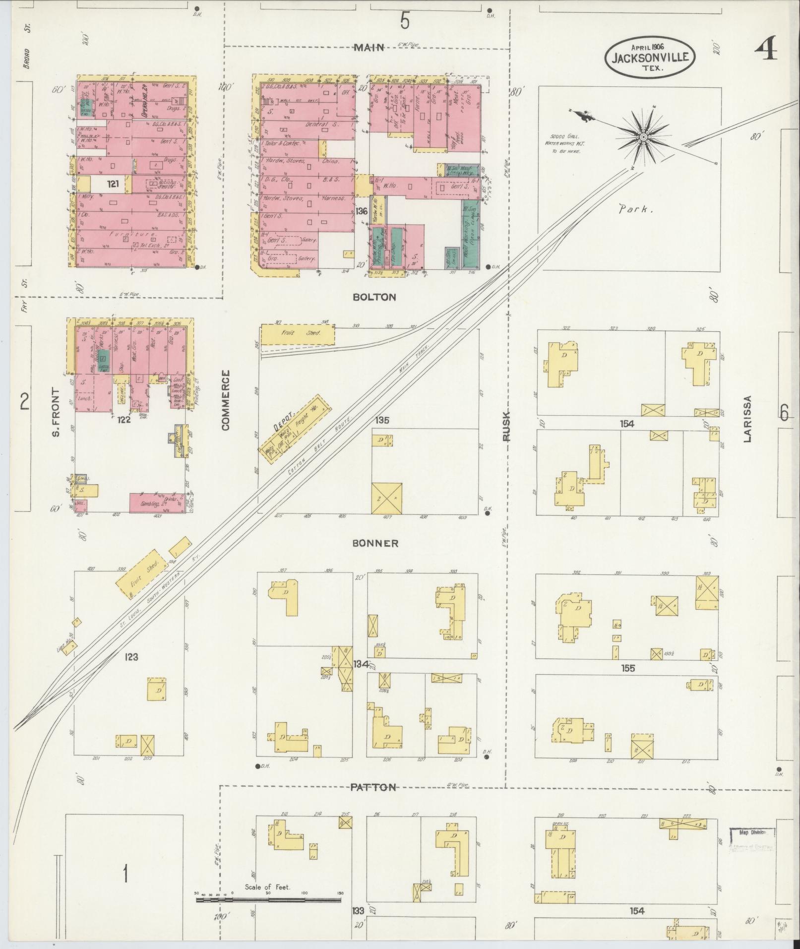 Sanborn Fire Insurance Map from Jacksonville, Cherokee County, Texas (1906), Sheet #0004 - Historic Sanborn Fire Insurance Map Print, vintage old map wall art, antique decor, genealogy gift, Texas Texas map