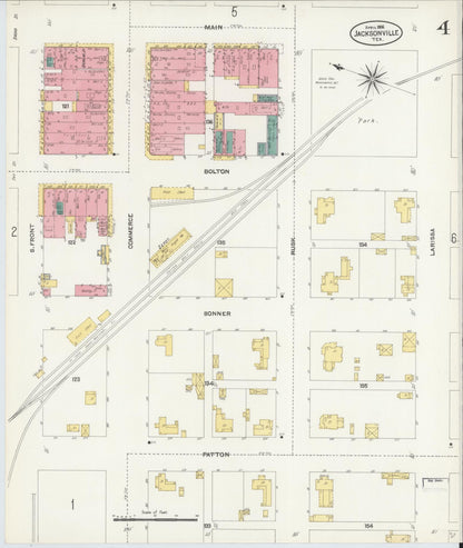 Sanborn Fire Insurance Map from Jacksonville, Cherokee County, Texas (1906), Sheet #0004 - Historic Sanborn Fire Insurance Map Print, vintage old map wall art, antique decor, genealogy gift, Texas Texas map