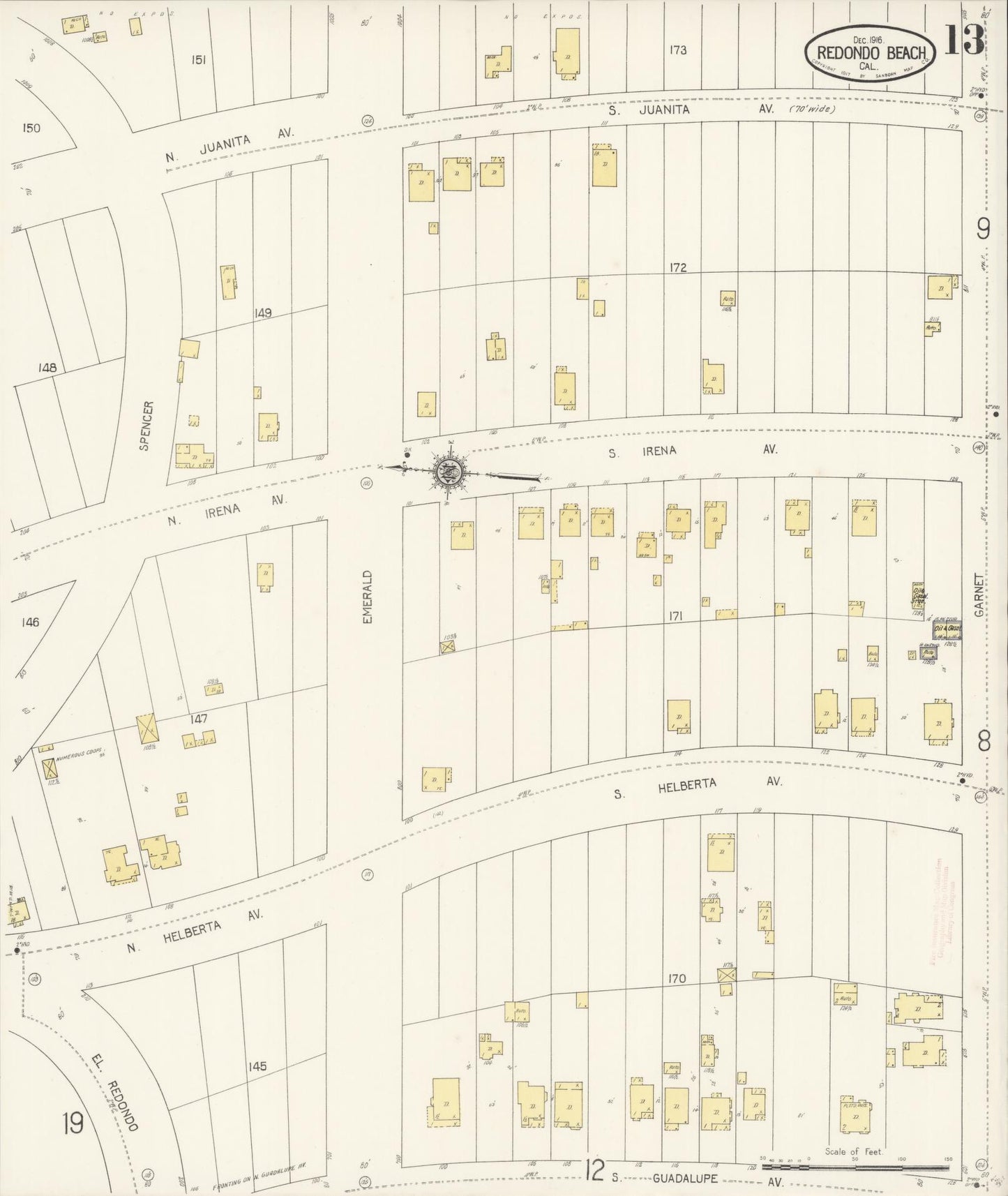 Sanborn Fire Insurance Map from Redondo Beach, Los Angeles County, California (1916), Sheet #0013 - Complete Map Set gallery image, historic Sanborn map, vintage wall art, California California