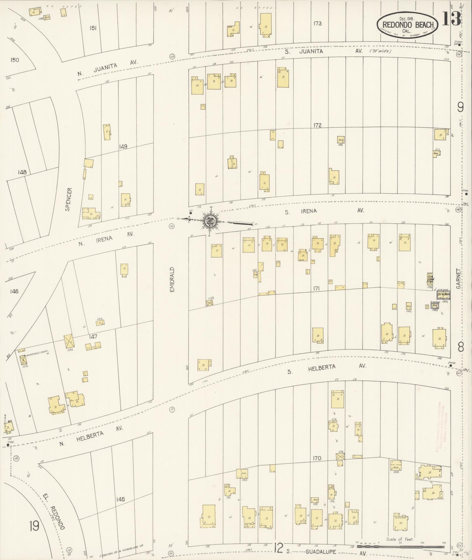 Sanborn Fire Insurance Map from Redondo Beach, Los Angeles County, California (1916), Sheet #0013 - Complete Map Set gallery image, historic Sanborn map, vintage wall art, California California
