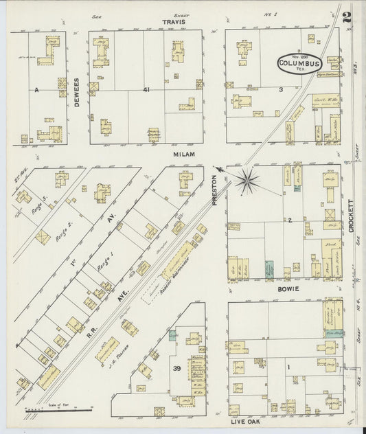 Sanborn Fire Insurance Map from Columbus, Colorado County, Texas (1890), Sheet #0002 - Historic Sanborn Fire Insurance Map Print, vintage old map wall art, antique decor, genealogy gift, Texas Texas map