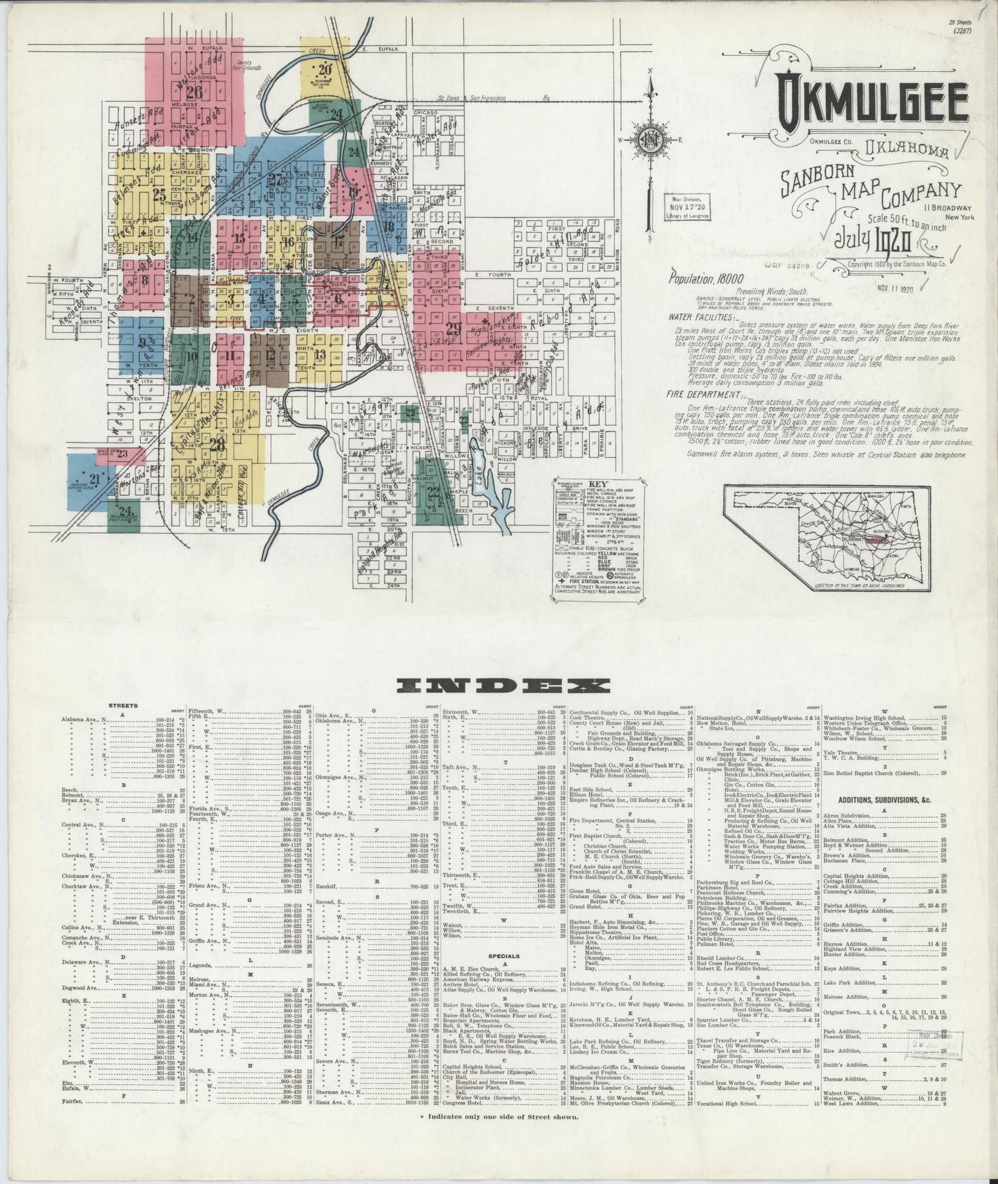 Sanborn Fire Insurance Map from Okmulgee, Okmulgee County, Oklahoma (1920), Sheet #0001 - Complete Map Set gallery image, historic Sanborn map, vintage wall art, Oklahoma Oklahoma