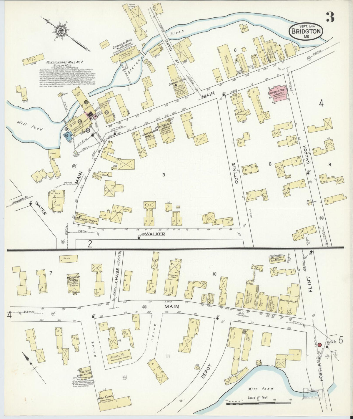 Sanborn Fire Insurance Map from Bridgton, Cumberland County, Maine (1914), Sheet #0003 - Complete Map Set gallery image, historic Sanborn map, vintage wall art, Maine Maine