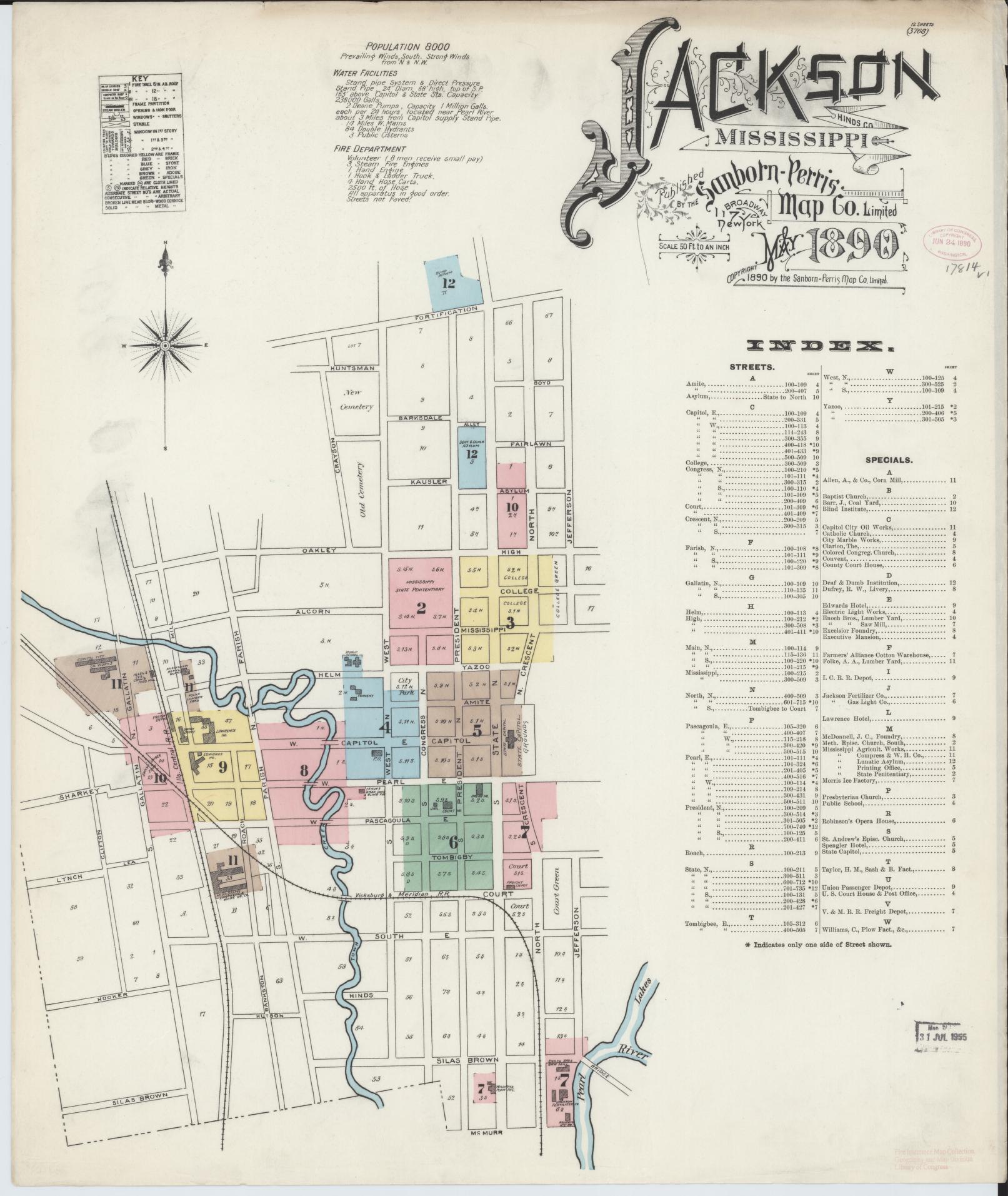 Sanborn Fire Insurance Map from Jackson, Hinds County, Mississippi (1890), Sheet #0001 - Complete Map Set gallery image, historic Sanborn map, vintage wall art, Mississippi Mississippi
