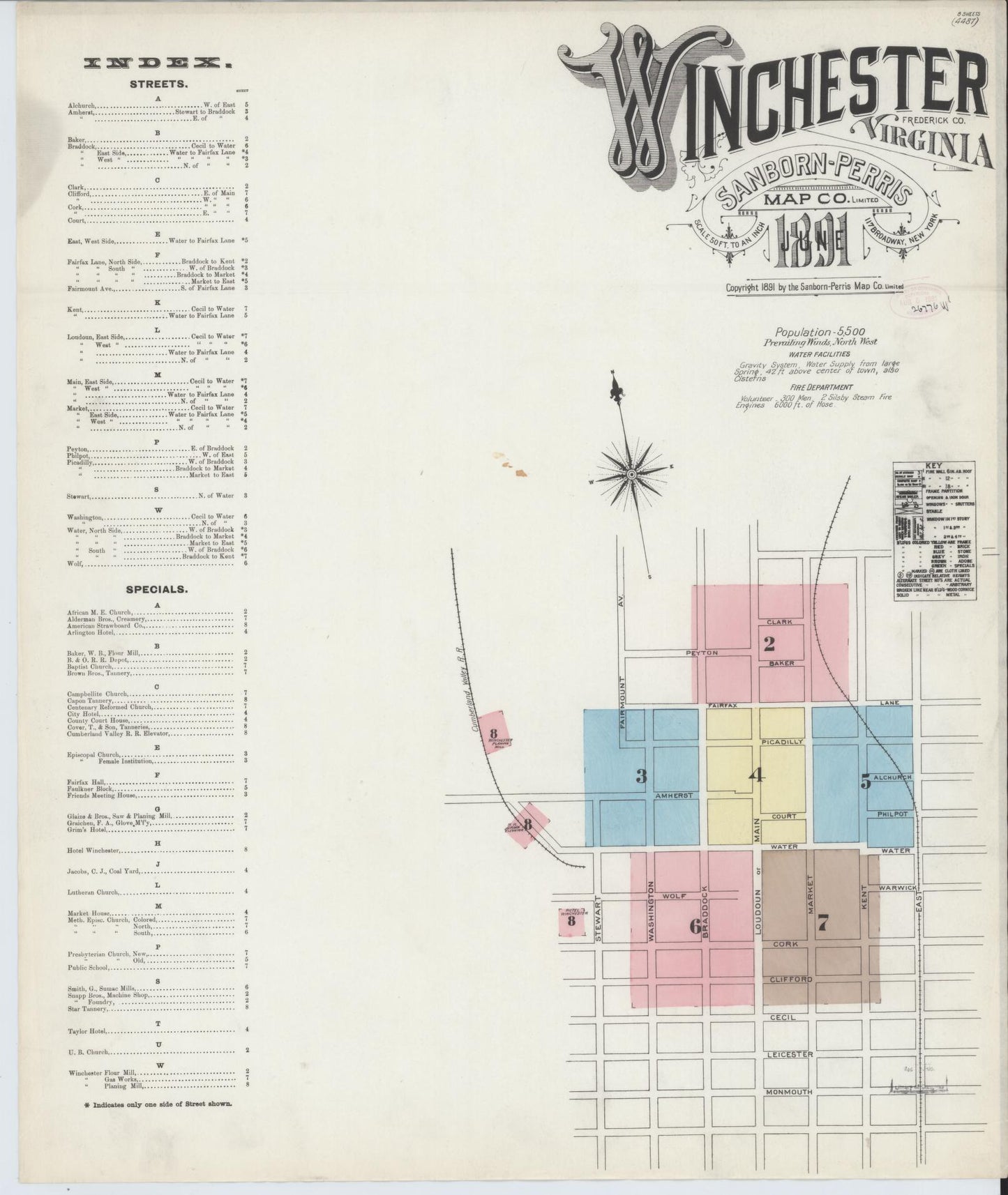 Sanborn Fire Insurance Map from Winchester, Independent Cities, Virginia (1891), Sheet #0001 - Complete Map Set gallery image, historic Sanborn map, vintage wall art, Virginia Virginia