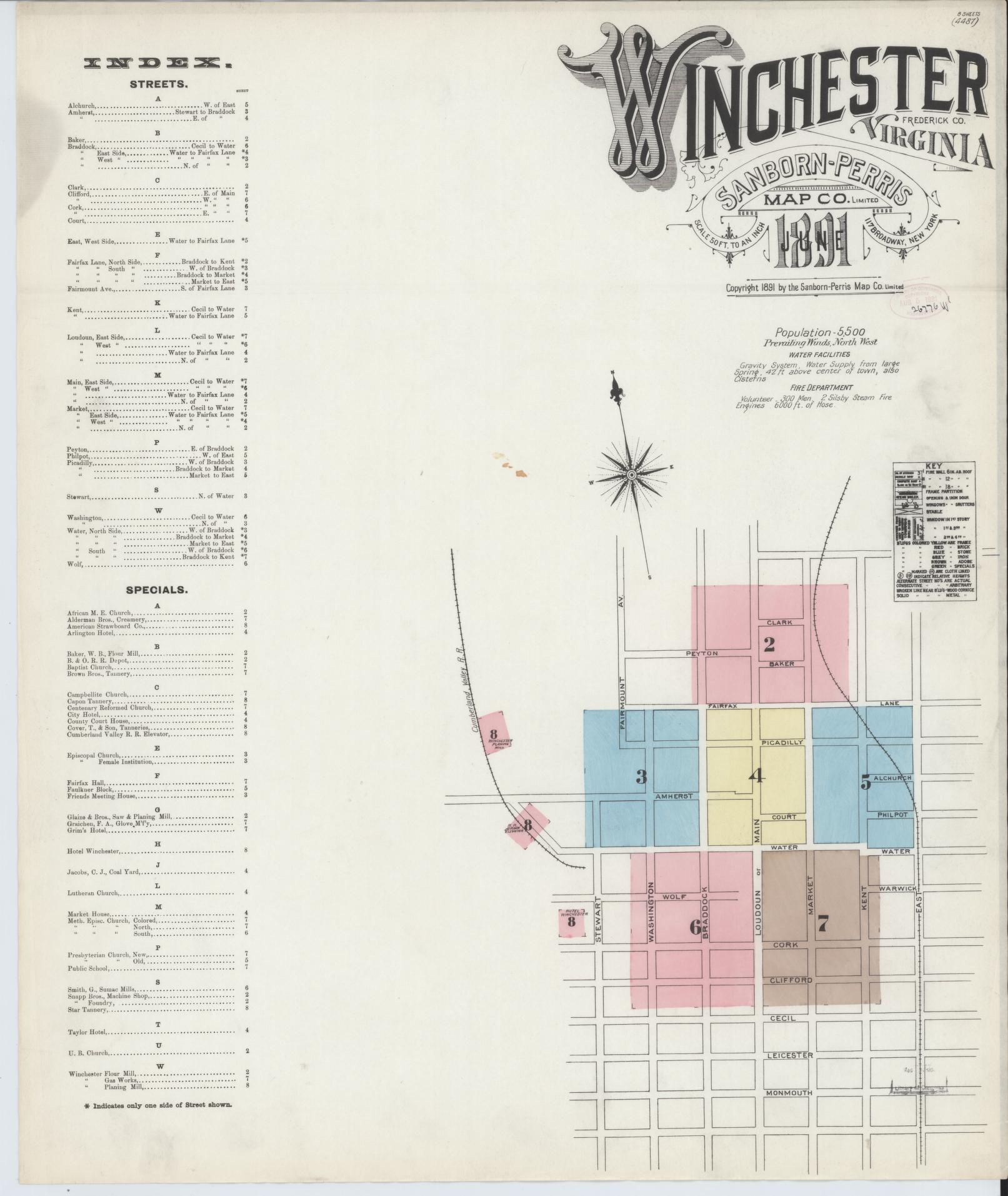 Sanborn Fire Insurance Map from Winchester, Independent Cities, Virginia (1891), Sheet #0001 - Complete Map Set gallery image, historic Sanborn map, vintage wall art, Virginia Virginia