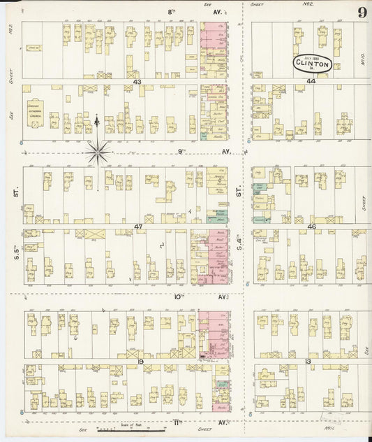 Sanborn Fire Insurance Map from Clinton, Clinton County, Iowa (1890), Sheet #0009 - Historic Sanborn Fire Insurance Map Print, vintage old map wall art
