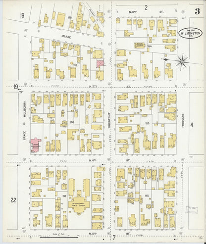 Sanborn Fire Insurance Map from Wilmington, New Hanover County, North Carolina (1904), Sheet #0003 - Historic Sanborn Fire Insurance Map Print, vintage old map wall art, antique decor, genealogy gift, North Carolina North Carolina map